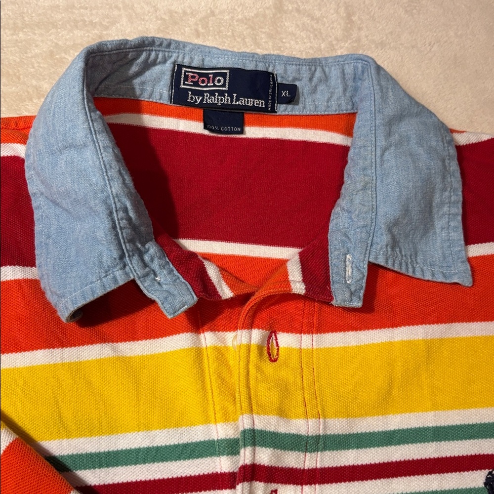 Polo Ralph Lauren red stripe rugby polo blue collar XL preppy vintage Y2K cotton - Picture 2 of 9